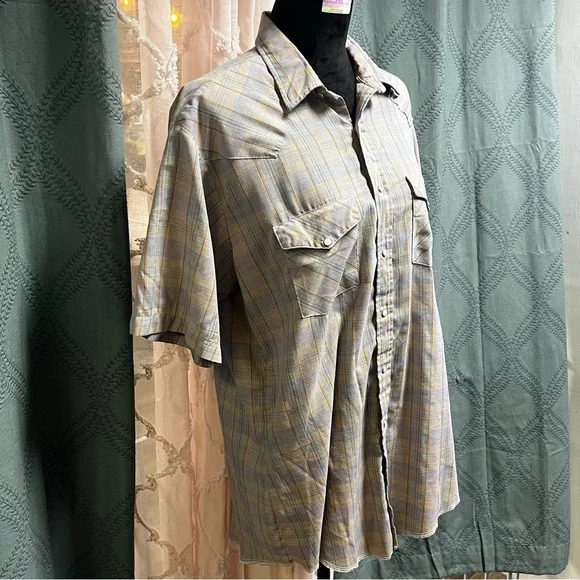 Vintage Men's Plaid Pearl Snap Short Sleeve Shirt - Size Large - Picture 6 of 14